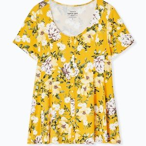 SUPER SOFT YELLOW FLORAL FIT & FLARE BUTTON TOP